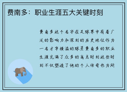 费南多：职业生涯五大关键时刻